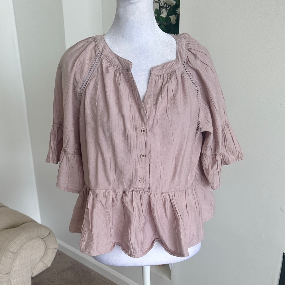 Anthropologie Dusty Pink Ruffled Peplum Blouse - Picture 2 of 9